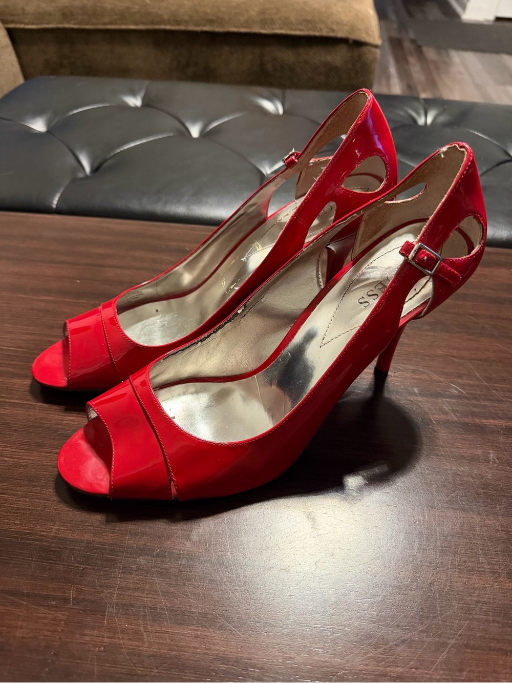 Guess Red Patent Leather Peep-Toe Heels with Ankle Strap